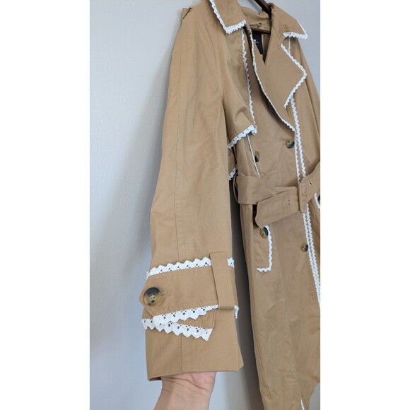 7 for All Mankind Trench Coat M Crochet Trim Boho Cottage Double Breasted NWOT - Picture 2 of 13